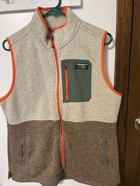 L.L. Bean Two-Tone Neutral Fleece Vest with Orange Trim